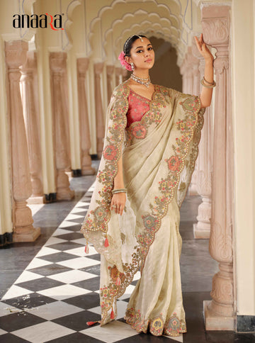 Cream Tissue Traditional Saree with Silk Blouse & Embroidery Work - 7809